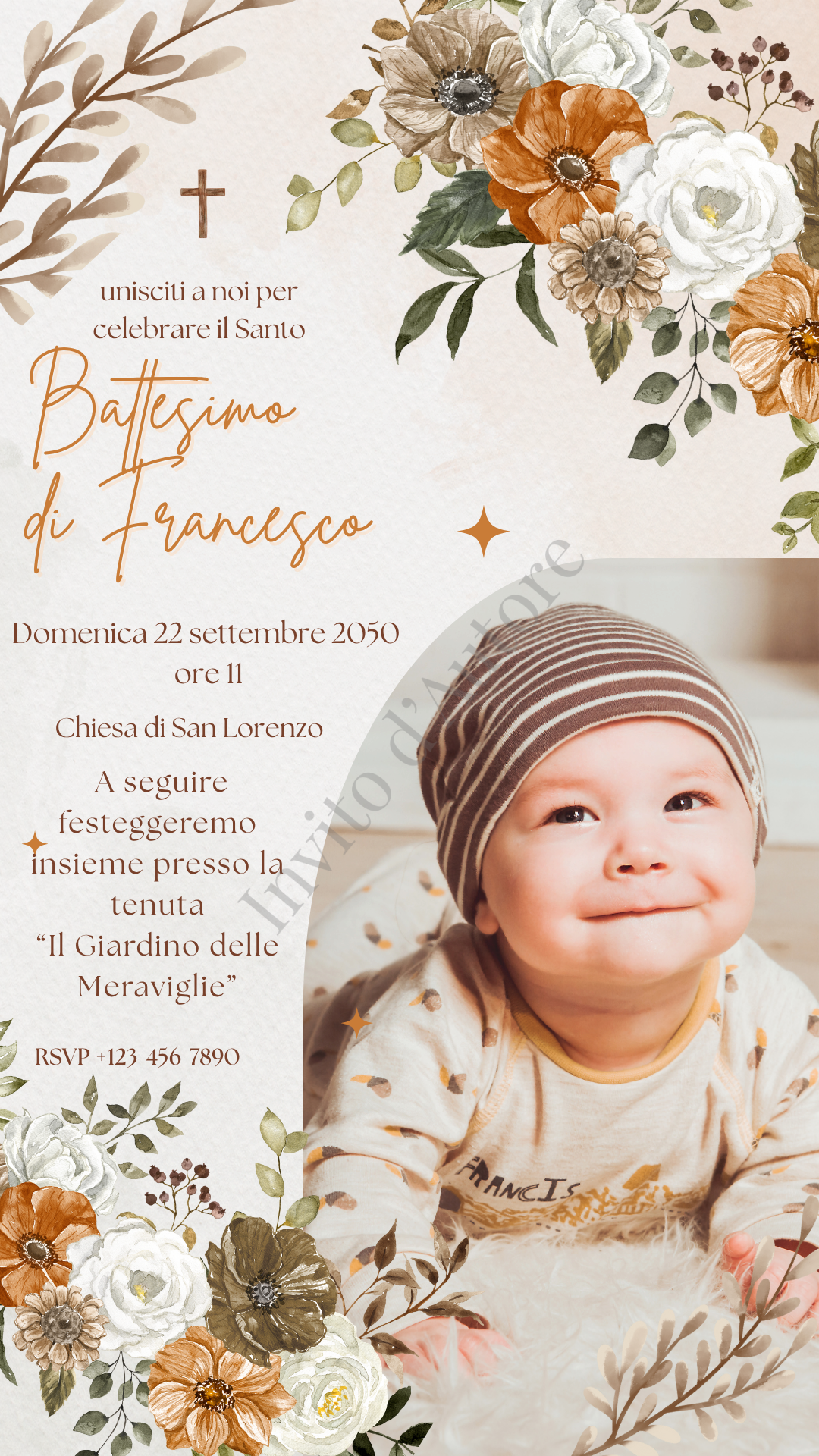Immagine del prodotto: video di invito digitale per battesimo di maschietto o femminuccia con sfondo crema e fiori, con immagine del bambino o della bambina, elegante e personalizzato realizzato da Invito d’autore.