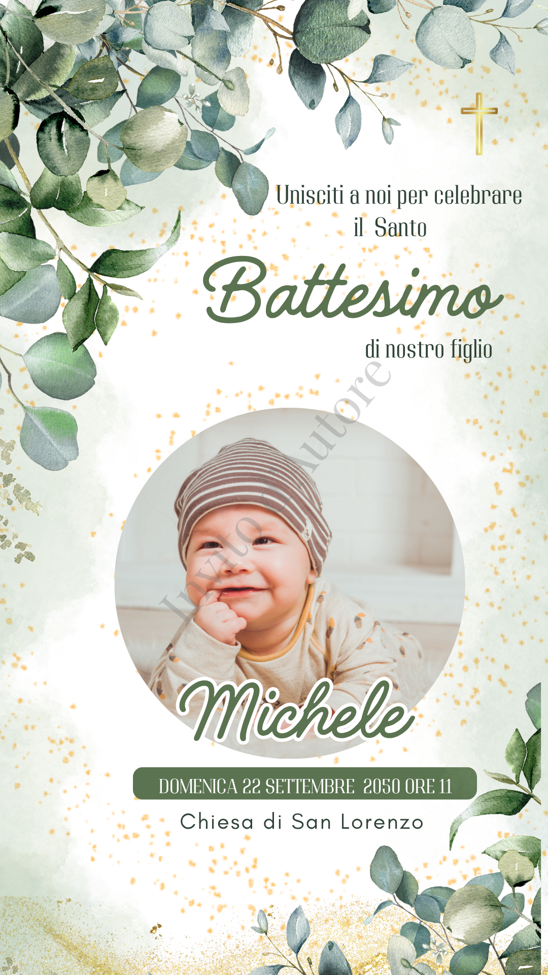 Immagine del prodotto: video di invito digitale per battesimo di maschietto o femminuccia con dettagli verdi e foglie, con immagine del bambino o della bambina, elegante e personalizzato realizzato da Invito d’autore.