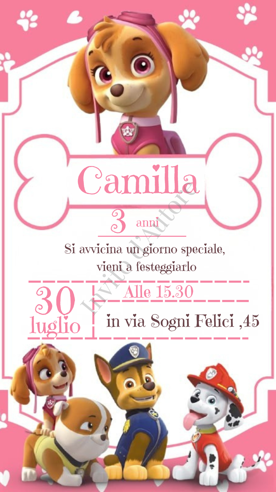 Immagine di invito digitale per compleanno di bambina con personaggi Paw Patrol e dettagli rosa, elegante e personalizzato realizzato da Invito d’autore