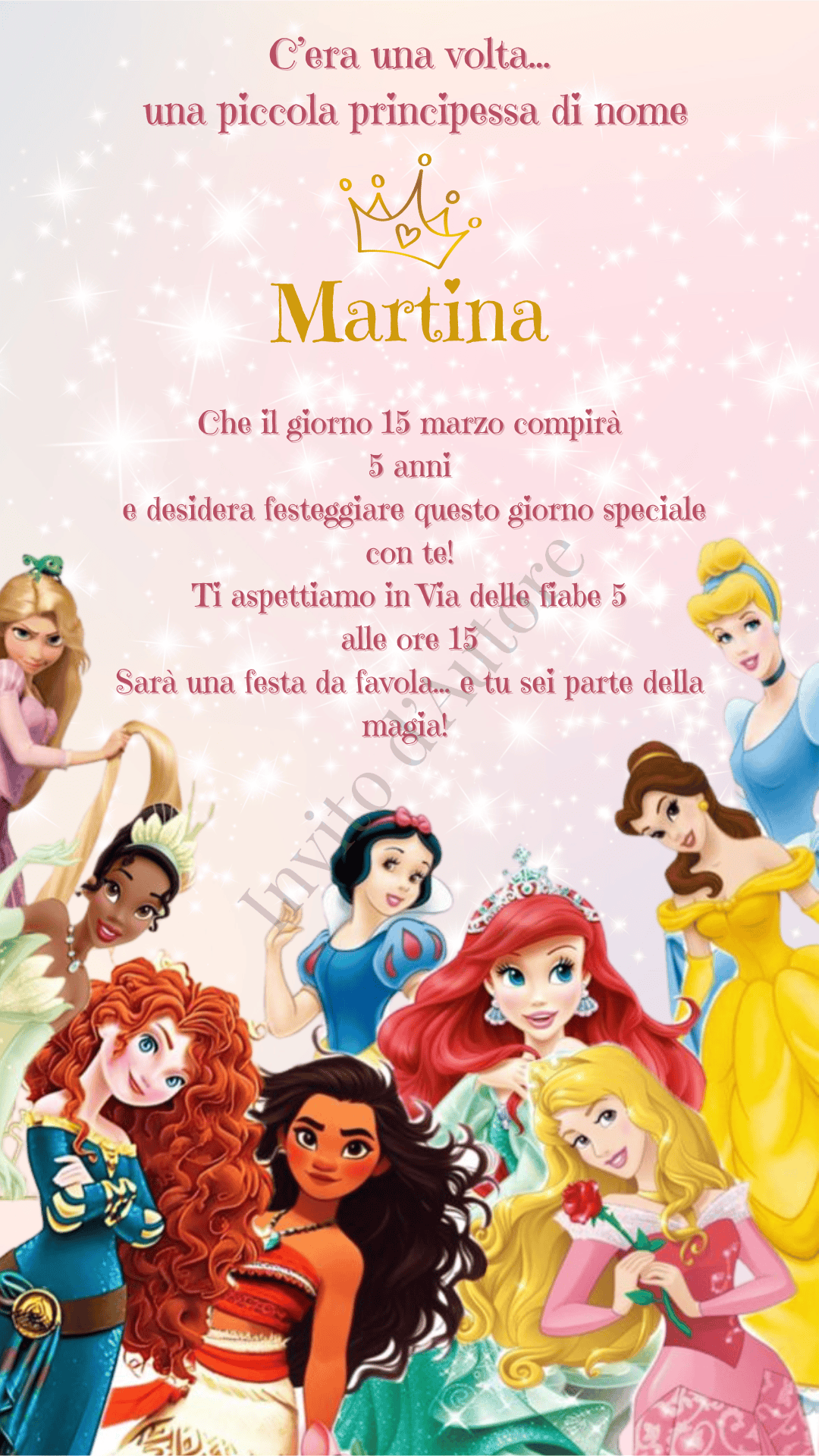 Immagine del prodotto: video invito digitale per compleanno di bambina a tema Principesse Disney, elegante e personalizzato realizzato da Invito d’autore.