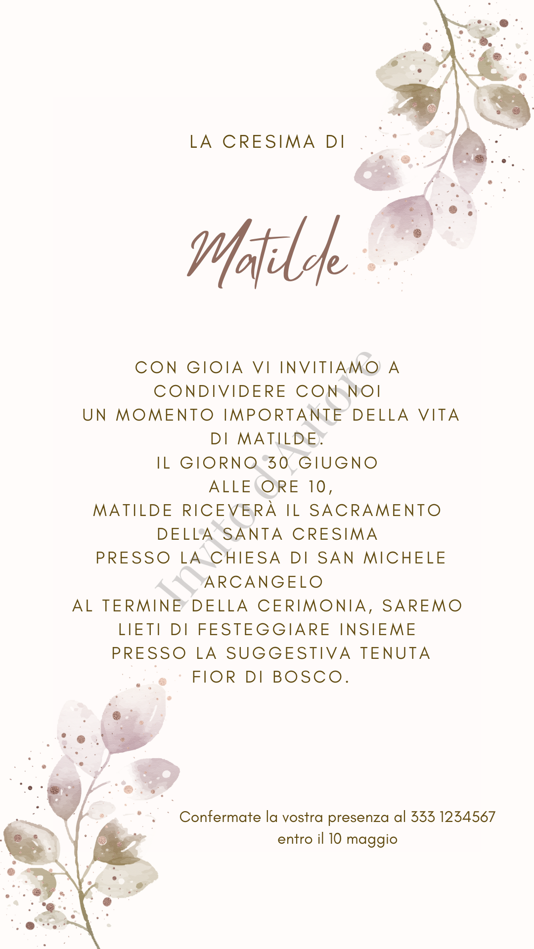 Immagine di invito digitale per Cresima con design minimal e dettagli rosa, elegante e personalizzato realizzato da Invito d’autore.