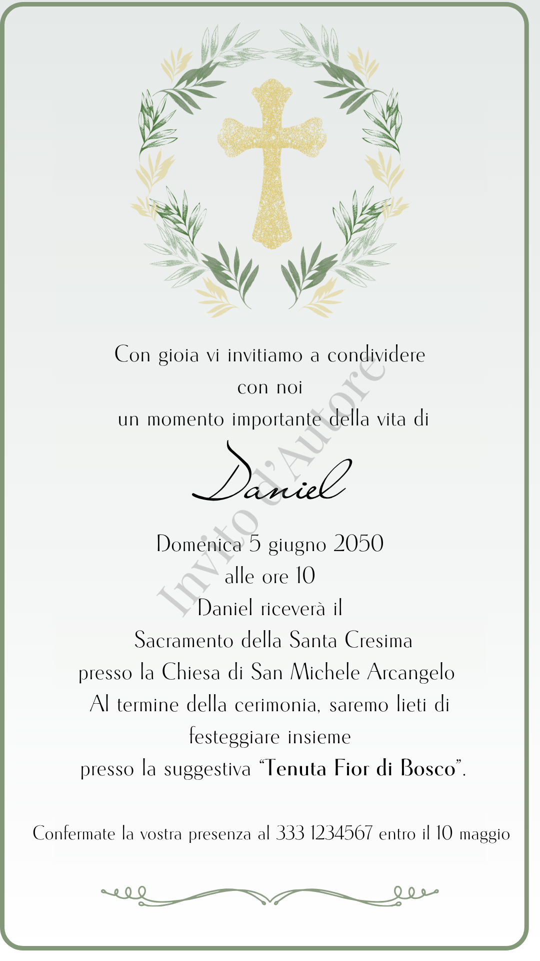 Immagine di invito digitale per Cresima con design minimal e dettagli verdi, elegante e personalizzato realizzato da Invito d’autore.