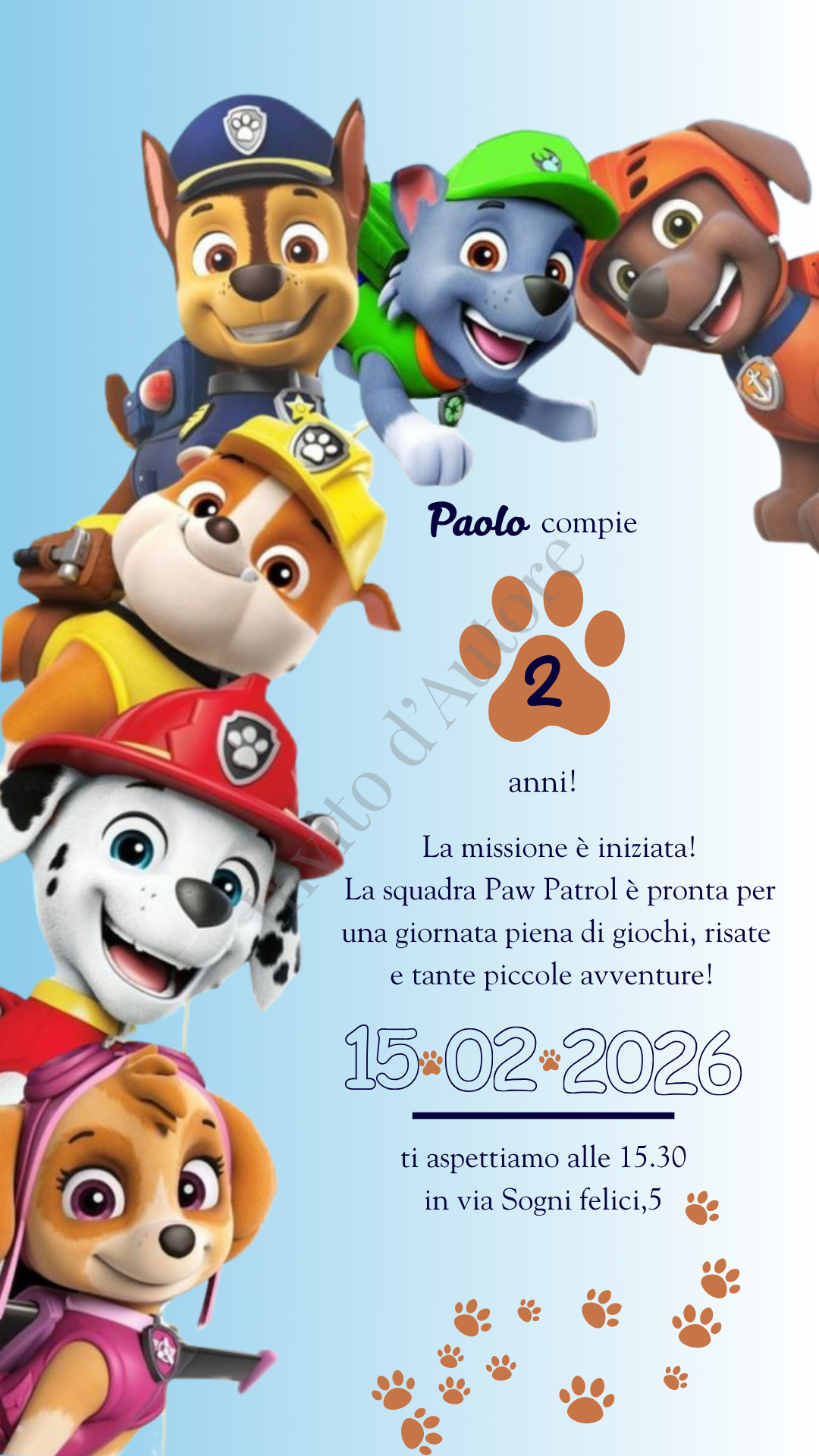 Immagine di invito digitale per compleanno di maschietto con personaggi Paw Patrol e dettagli su sfondo azzurro, elegante e personalizzato realizzato da Invito d’autore