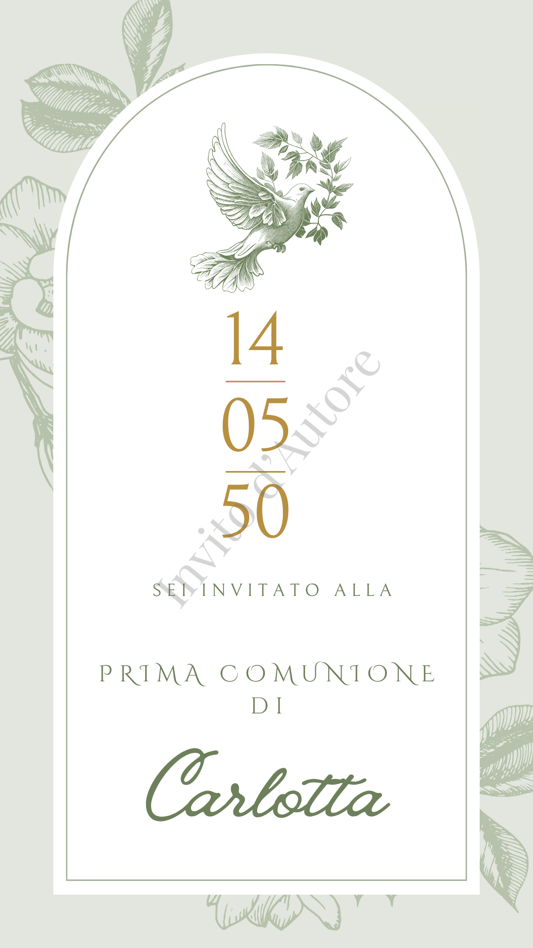 Immagine di invito digitale per Prima Comunione con tonalità verde, colomba e ramoscello di ulivo, elegante e personalizzato realizzato da Invito d’autore.