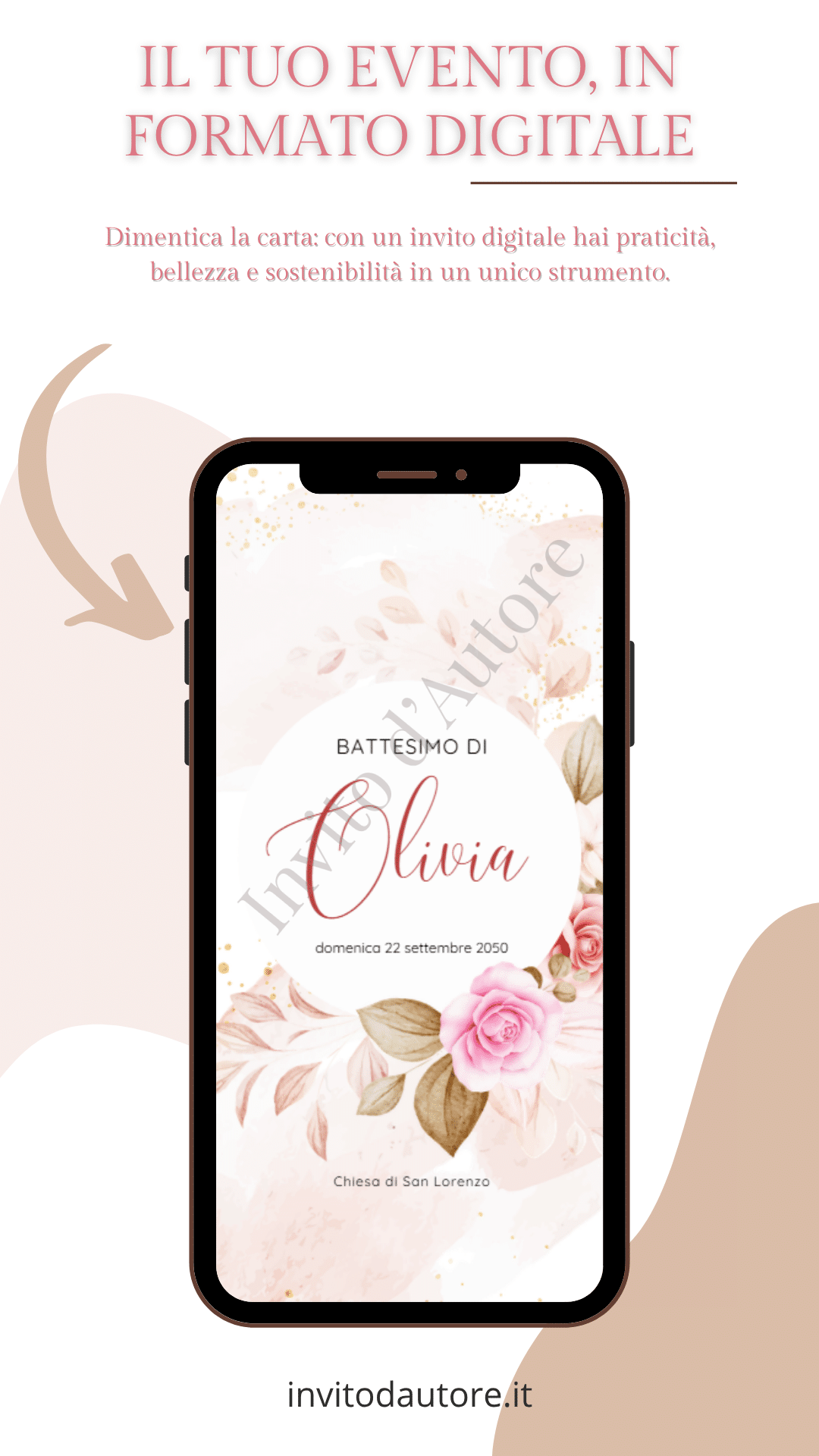 Immagine che mostra come viene visualizzato su smartphone il video di invito digitale per battesimo di bambina con dettaglio floreale rosa, elegante e personalizzato realizzato da Invito d’autore.
