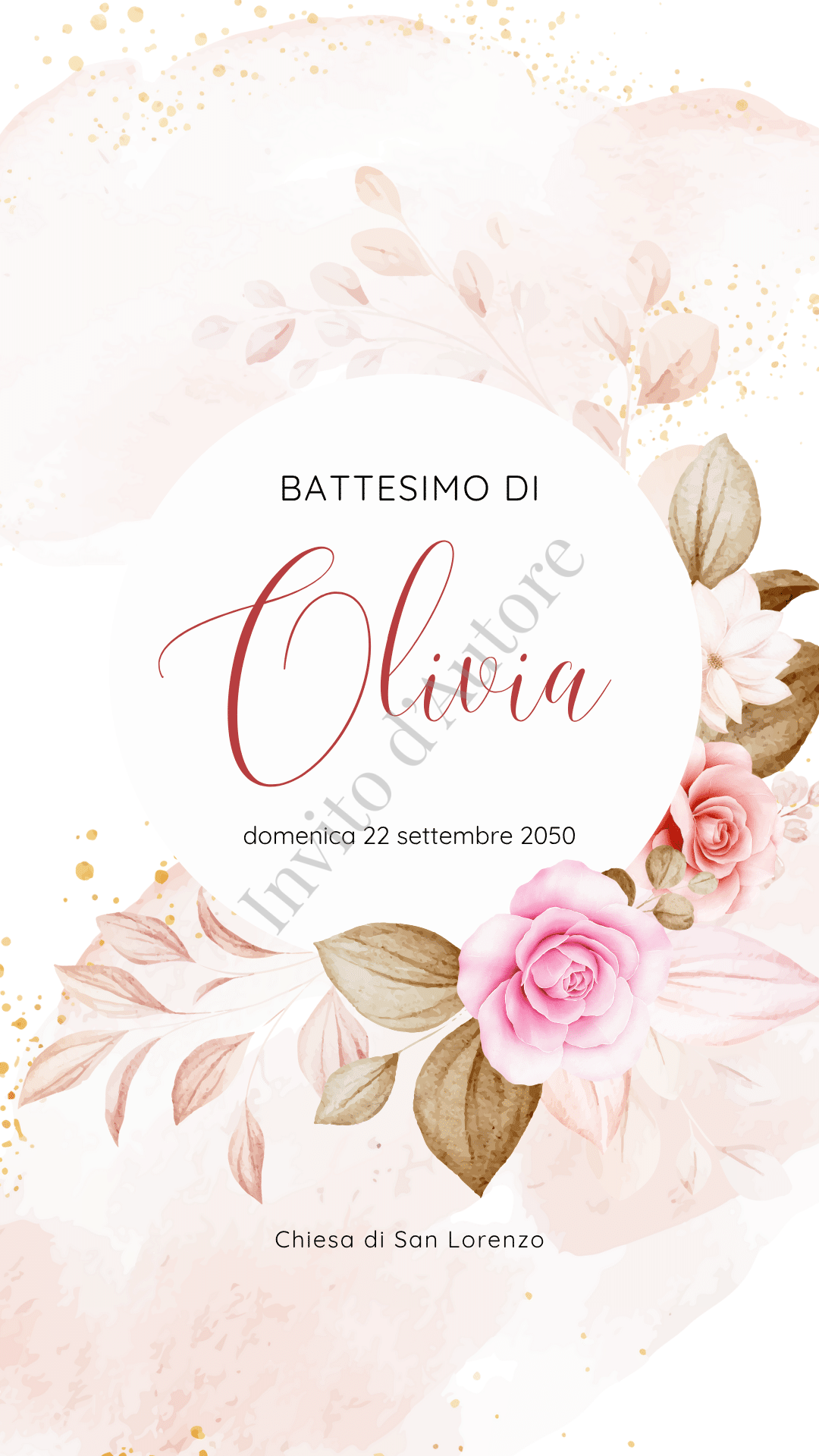 Immagine del prodotto: video di invito digitale per battesimo di bambina con dettaglio floreale rosa, elegante e personalizzato realizzato da Invito d’autore