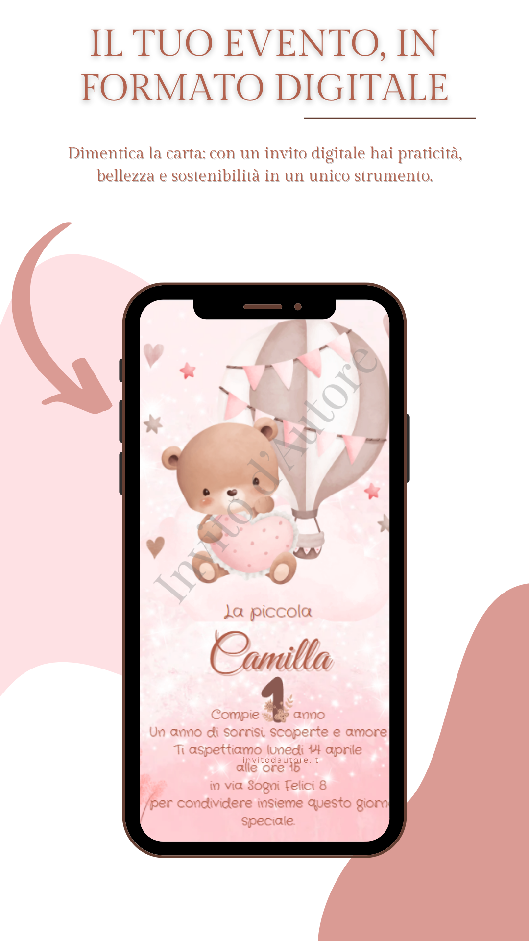 Immagine che mostra come viene visualizzato su smartphone l’invito digitale per primo compleanno di bambina con orsetto e mongolfiera rosa, elegante e personalizzato realizzato da Invito d’autore