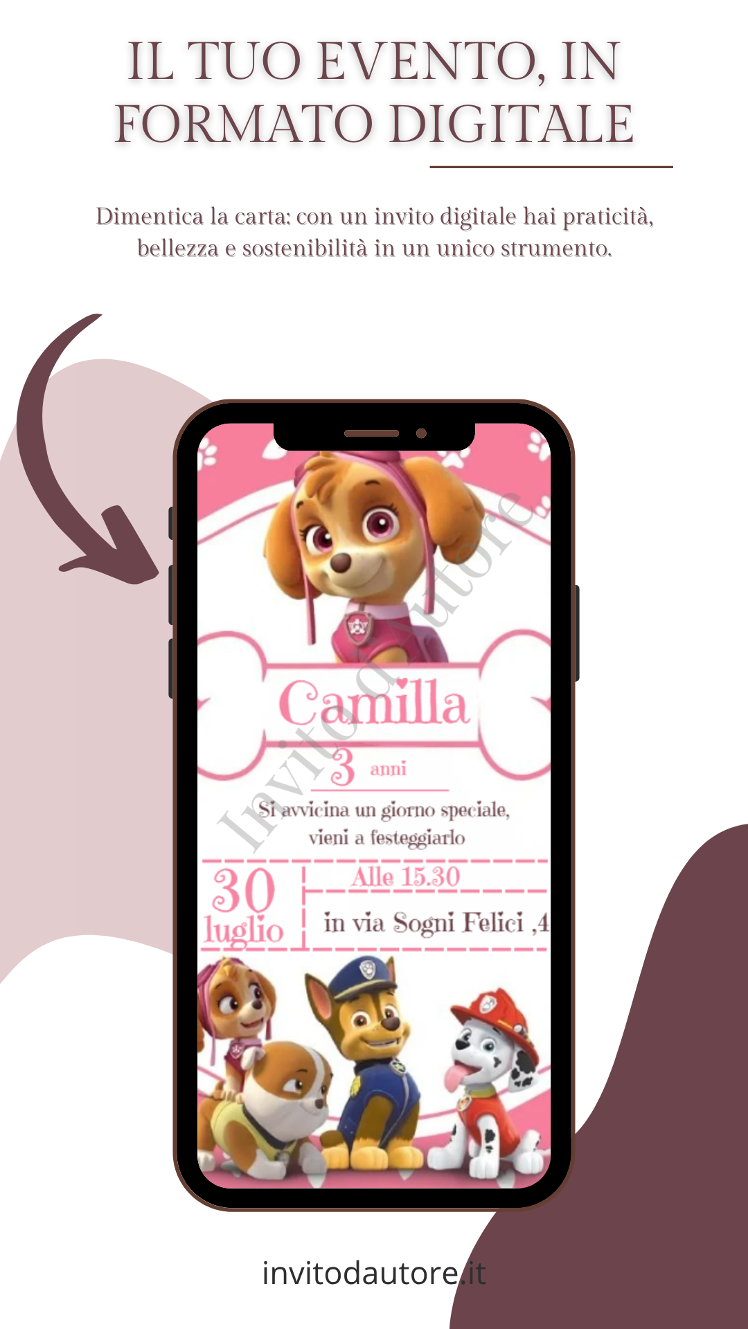 Immagine che mostra come viene visualizzato su smartphone l’invito digitale per compleanno di bambina con personaggi Paw Patrol e dettagli rosa, elegante e personalizzato realizzato da Invito d’autore.