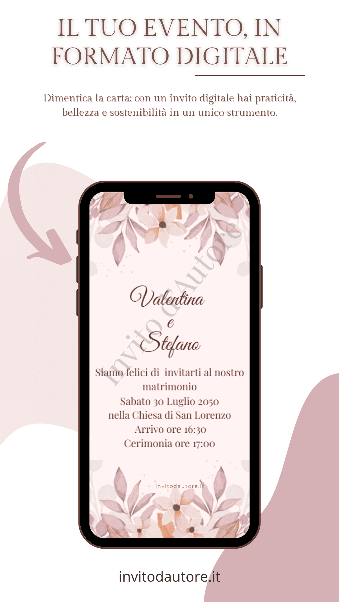Immagine che mostra come viene visualizzato su smartphone il video invito digitale per matrimonio Fiori Rosa, elegante e personalizzato realizzato da Invito d’autore.