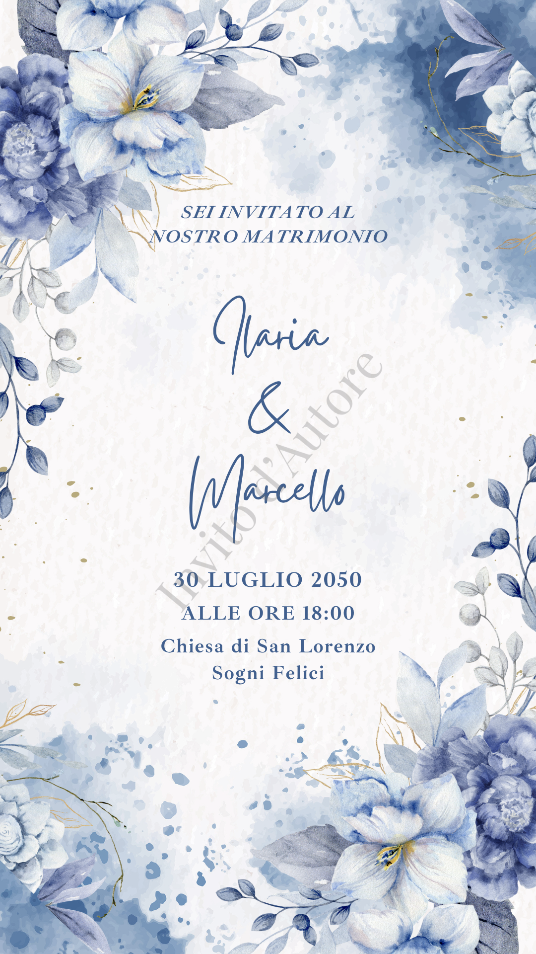 Immagine del prodotto: video invito digitale per matrimonio Eleganza Floreale con dettagli viola e blu, elegante e personalizzato realizzato da Invito d’autore.