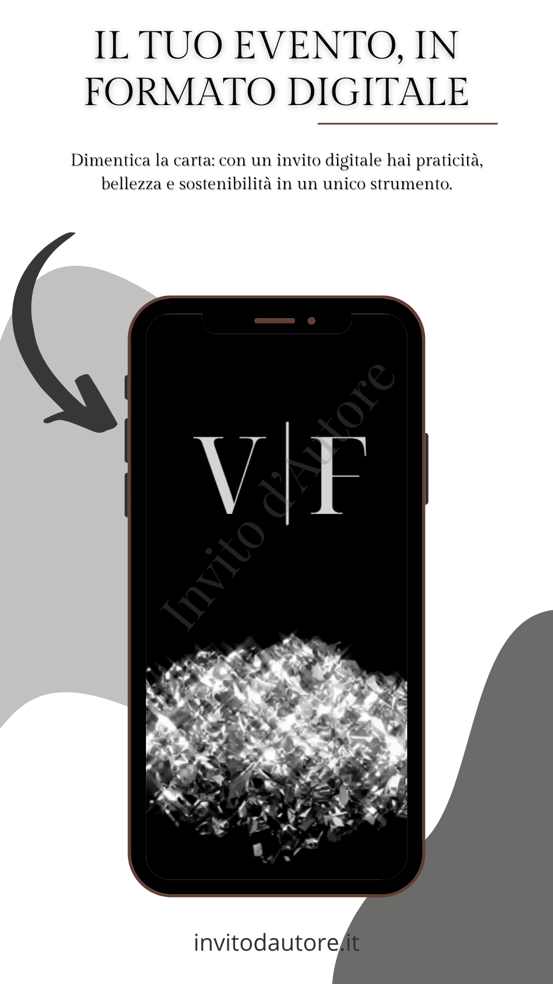 Immagine che mostra come viene visualizzato su smartphone il video invito digitale per matrimonio Extra Lusso Cascata di Diamanti, elegante e personalizzato realizzato da Invito d’autore.