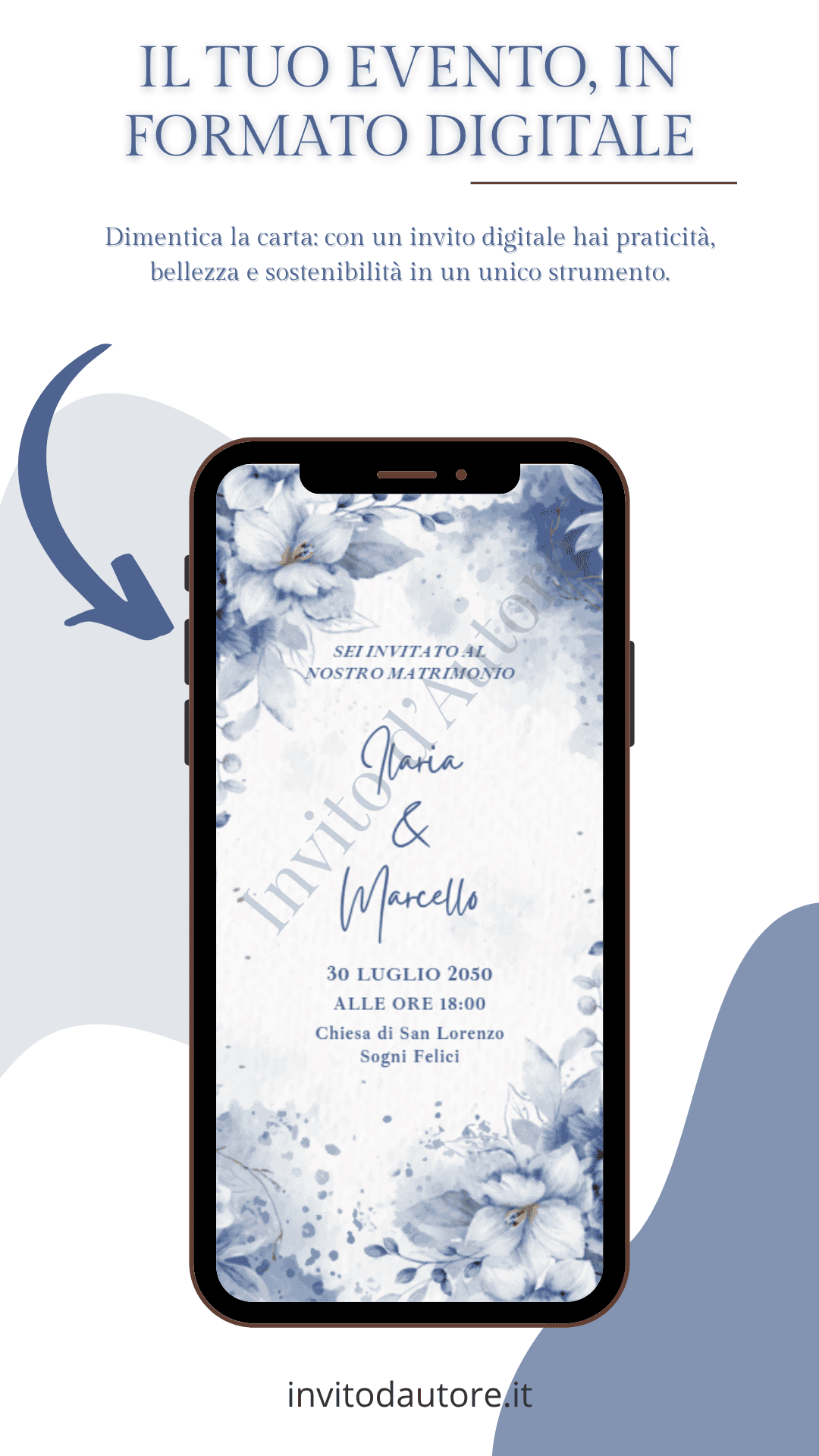 Immagine che mostra come viene visualizzato su smartphone il video invito digitale per matrimonio Eleganza Floreale con dettagli viola e blu, elegante e personalizzato realizzato da Invito d’autore.