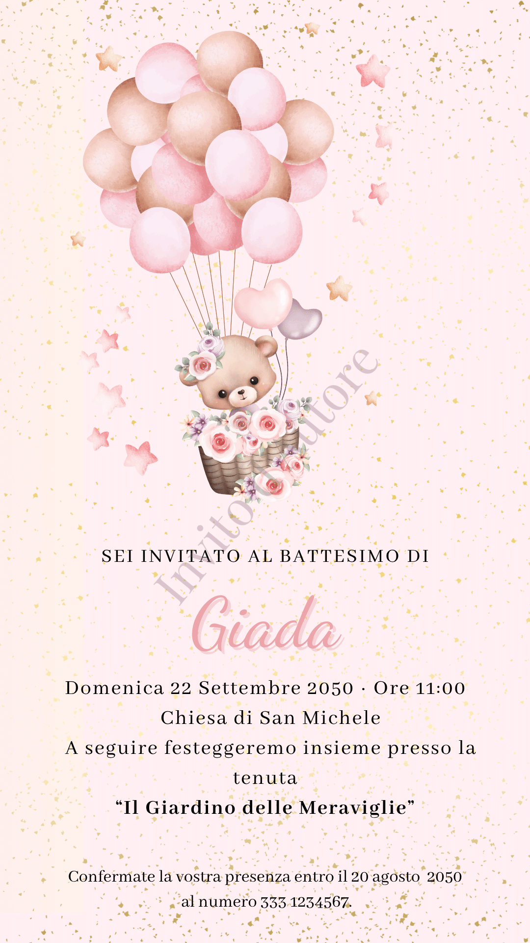 Immagine di invito digitale per battesimo di bambina con orsetta e palloncini su sfondo e dettagli rosa, elegante e personalizzato realizzato da Invito d’autore.
