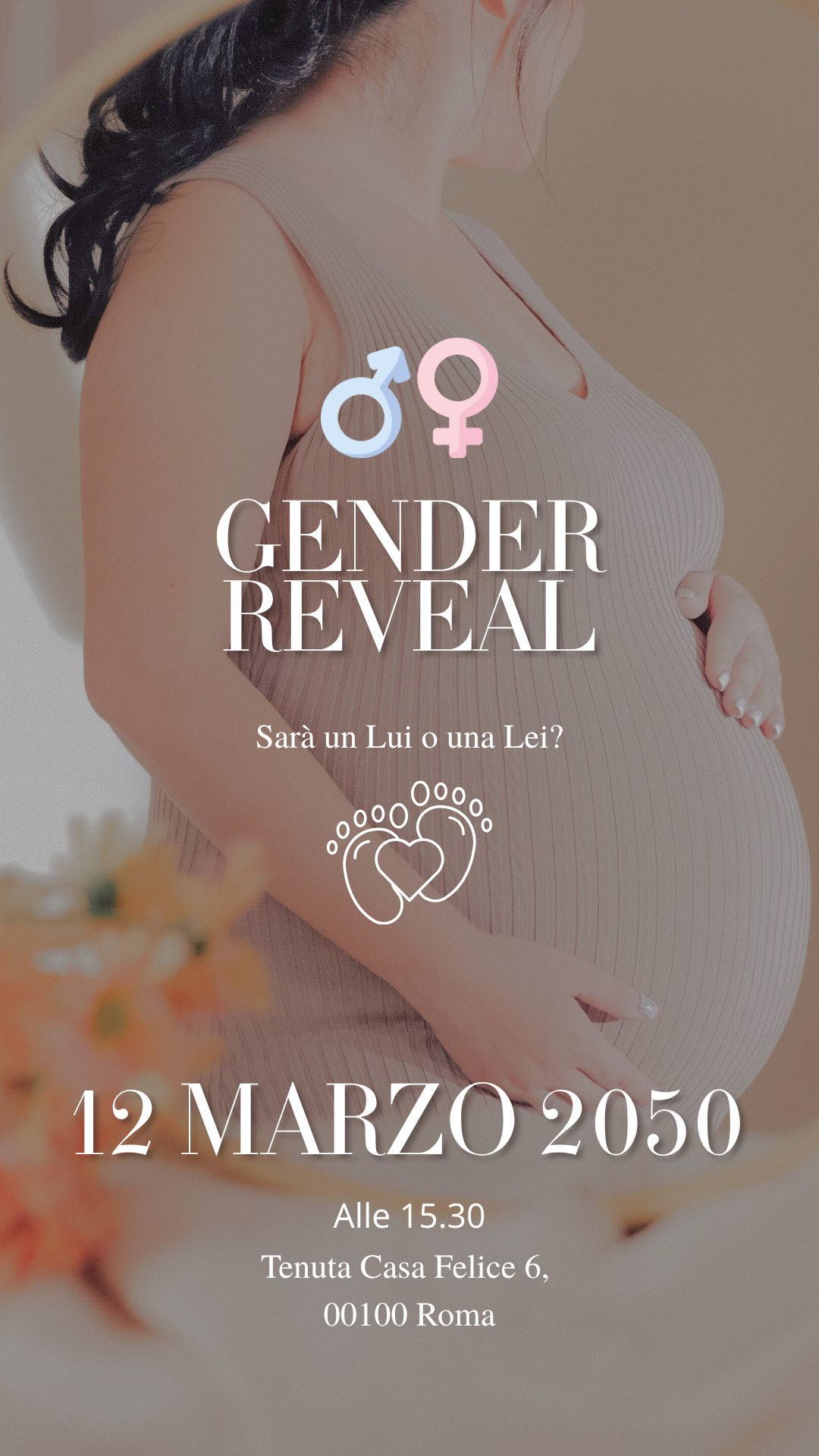 Immagine di invito digitale gender reveal con donna con pancione e invito alla festa, elegante e personalizzato realizzato da Invito d’autore