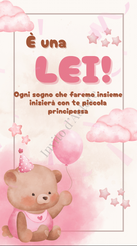 Immagine del prodotto: invito digitale gender reveal per comunicare a parenti e amici che è una femminuccia, elegante e personalizzato realizzato da Invito d’autore.
