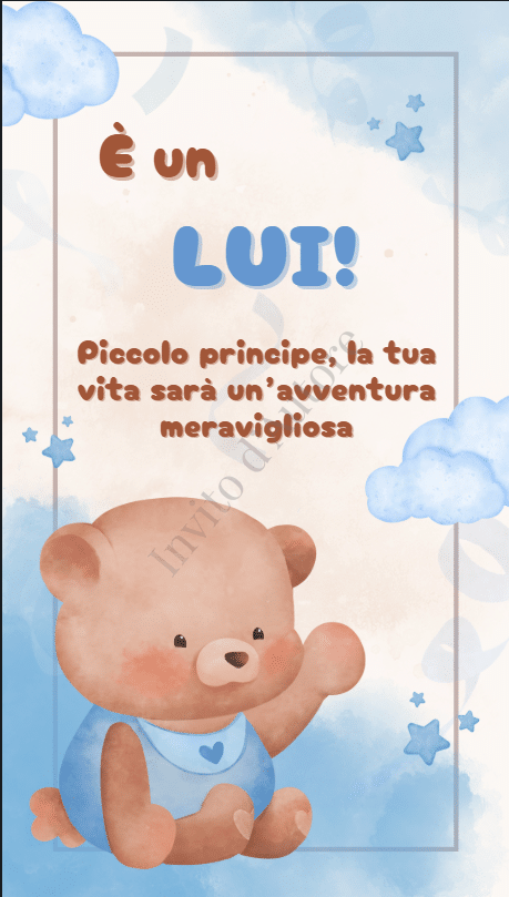 Immagine del prodotto: invito digitale gender reveal per comunicare a parenti e amici che è un maschietto, elegante e personalizzato realizzato da Invito d’autore.